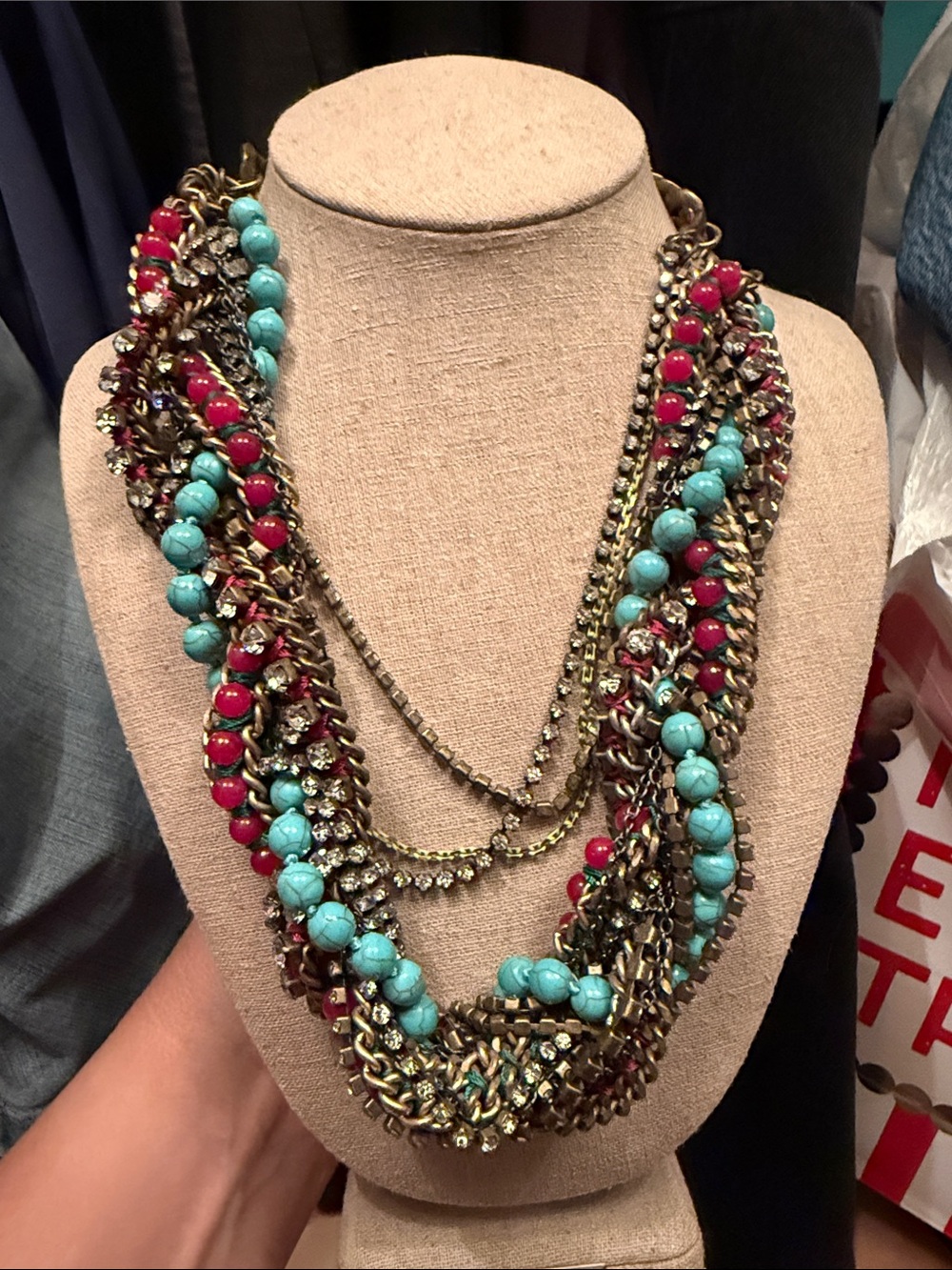 Multistrand Turquoise & Fuchsia Beaded Statement Necklace